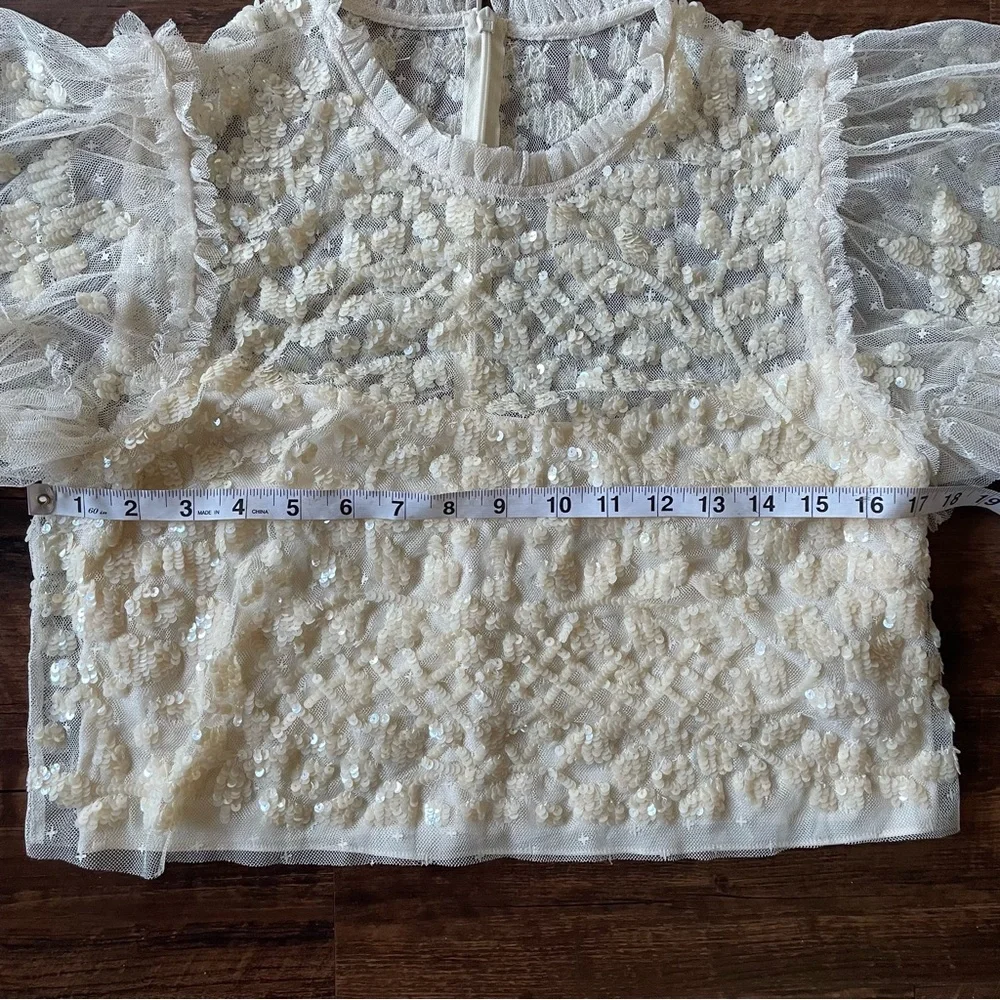 NEEDLE & THREAD Aurelia Sequin Embellished Top Natural Cream Ruffle Sheer Blouse - Picture 10 of 15